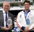 Andy Fogarty pictured on the ECB website being presented with the Groundsman of the Year award by Chris Wood