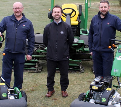 Course manager Colin Powrie and head greenkeeper David Gray of Ladybank Golf Club (left & right) with John Deere dealer Double A golf specialist John Bateson
