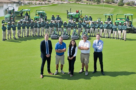 (Front left to right) Education City Golf Club General Manager Michael Braidwood, Golf Course Superintendent Darren Smith, Business Development Manager Leen Al Ghaly of John Deere dealer Progressive, Deputy Golf Course Superintendent Andrew Ikstrums and Education City’s Director of Golf Rhys Beecher, with members of the 45-strong maintenance team and part of the new John Deere machinery fleet.