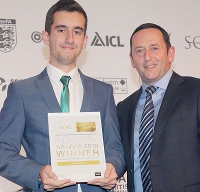 Matthew Skingle from Coventry City Training Ground, left, is presented his Most Promising Student of the Year Award at the IOG Awards by Reesink’s Alastair Rowell
