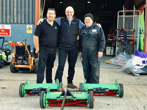 Richard Taylor md of RT Machinery (centre) with Andy and Steve from the dealership with the gang mower ready for shipping to Mongolia