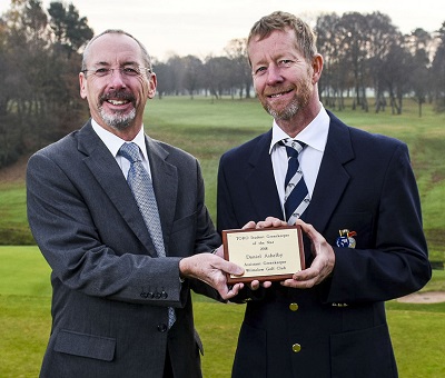 Course manager Steve Oultram from The Wilmslow Golf Club, right, receives his plaque for nominating the winner of the Student Award from Reesink’s MD David Cole