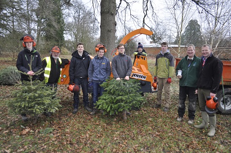 Jensen UK business manager, Bill Johnston, with Lackham students taking part in the January 2018 woodchipping activity