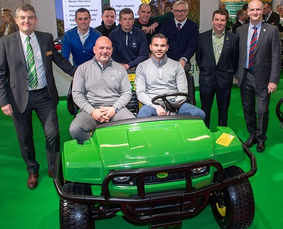 Pictured on the John Deere stand at BTME 2019 are (standing left to right) John Deere Limited turf division sales manager Chris Meacock, Jon Gamble, Darren Skinner, Mark Simmons, Alex Newenham, Niels Sorensen, GCSAI general manager Damian McLaverty and BIGGA chief executive officer Jim Croxton, with (seated left and right) Matt Shaul and Andy Copeland.