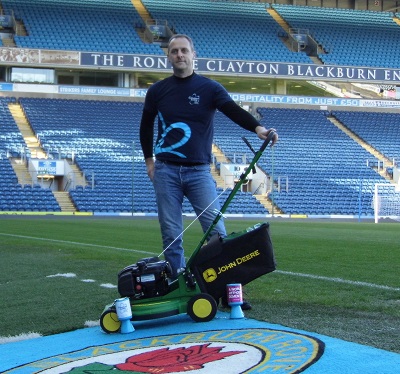 Andy Maxfield and the John Deere lawnmower, preparing for his world record attempt on Saturday 22nd June to push a walk-behind lawnmower as far as possible in 24 hours at Ewood Park, home of Blackburn Rovers Football Club
