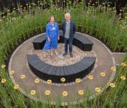 Elspeth Stockwell and Jo Fairfax in the John Deere garden: 100 years of tractors 