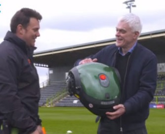 Forest Green Rovers head groundsman, Adam Witchell with The Gadget Show's Jon Bentley