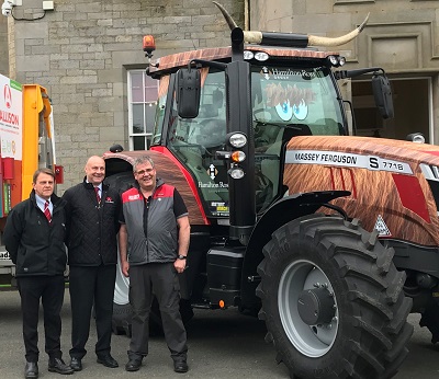 L-R: Hamilton Ross Group Perth Depot general manager Sam Mercer, Massey Ferguson area sales manager, Hamish Brown and RHET chairman, George Lawrie see the tractor off at the Royal Highland Centre