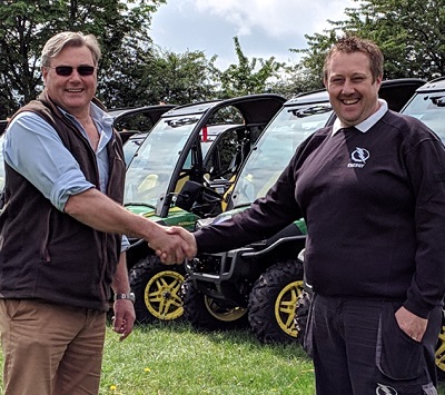 Energy Generator Hire’s owner Tom Carr (right) with Farol’s John Bennetts at the handover of the new John Deere Gator utility vehicles