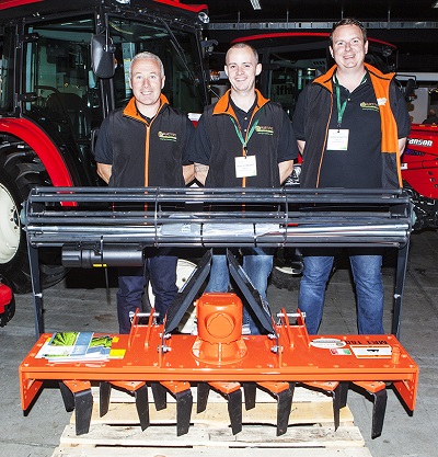 The Martyn Lawns team pictured behind their Muratori power harrow which they exhibited at the recent Glas exhibition in Citywest. From left: Ken McMenamon, Terry Conway and Damien Martyn