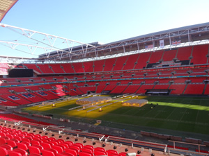 A view of the pitch with the growing lights and tents visable