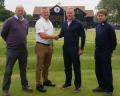L-R, Adam Hartley, Neil Pullen (Sherriff Amenity) shake hands with Gary Ivory and Andy Greenslade from Hainault Golf Course in Essex which confirms a three year prefered supplier agreement with Sherriff Amenity
