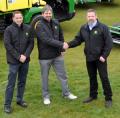 Left to right: Greenkeeper superintendent Sean Reilly and co-owner Mark Ward of Lough Erne Golf Resort with grounds care machinery sales manager Ricky Neill of John Deere dealer Johnston Gilpin