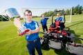 CAFRE Sports Turf students Michael Dundee (left) and John Kennedy (right) before they headed off to Wembley Stadium to prepare the pitch for the FA Cup Final. Their tutor Paul Campbell is pictured centre. Photo Andrew Towe Parkway Photography