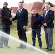 From left: links manager Gary Johnstone shakes hands with Reesink Turfcare’s irrigation manager Robert Jackson, with Aquaturf’s managing director, Stephen Daly, and Portmarnock’s golf manager, Brian Hurley