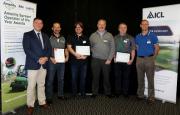 L – R: Awards supporter Stephen Jacob, CEO of BASIS Registration Limited, category winner Lee Harrison from Complete Weed Control, Category winner Nathan Hume from SH Goss Ltd, Mark Pyrah from sponsor ICL, category winner Chris Phillips from Complete Weed Control and category runner up Andy Baker from Ely Golf Club