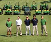 John Deere equipment pictured on the 1st hole of Quinta do Lago’s North Course, with (left to right) assistant superintendent Antonio Almeida, John Deere turf sales manager (Spain & Portugal) Bernardino Privado, golf course superintendent Paul O’Mahony, John Deere dealer Albino Gil Gomes of Torre Marco SA and assistant superintendent Nuno Teixeira