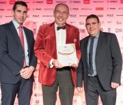 Philip Swan (centre) collects his award from Curtis Allen (left) Redexim Charterhouse’s business development manager, and Andy Southerton, Kubota’s dealer manager, groundscare