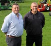 Neil Peachey of John Deere dealer P Tuckwell Ltd and Rochford Hundred Golf Club course manager Dave Rand 