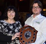 Dr Ruth Mann, Head of research at STRI with the winner of the 2017 Amenity Sprayer Operator of the Year, Nathan Hume at BTME in January
