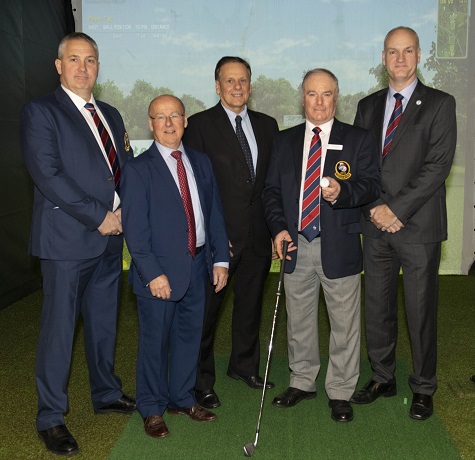 Outgoing BIGGA officers, chairman Les Howkins MG (left) and president Chris Kennedy (second right), with Rigby Taylor’s executive chairman, Chris Clark (centre) and marketing director Richard Fry (second left), and BIGGA chief executive Jim Croxton (far right)