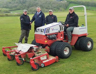 DGM’s Vic Robinson (second left) congratulates course manager Martyn Bennett on the purchase of the Ventrac package, alongside Rob Hall and Carl Quible of the greenkeeping team