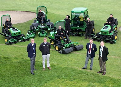 (Front left to right) Teesside club captain Dave McGuinness, dealer Alastair Briggs of Greenlay, head greenkeeper Gary Evans (seated on mower), greens chairman Tony Foster and John Deere territory manager Richard Charleton 