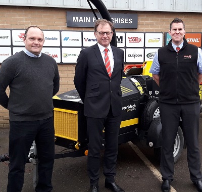 L to R: Julian Cullis of GreenMech, with TNS sales director Chris Tew and Matt Bailey, Suffolk groundcare sales manager