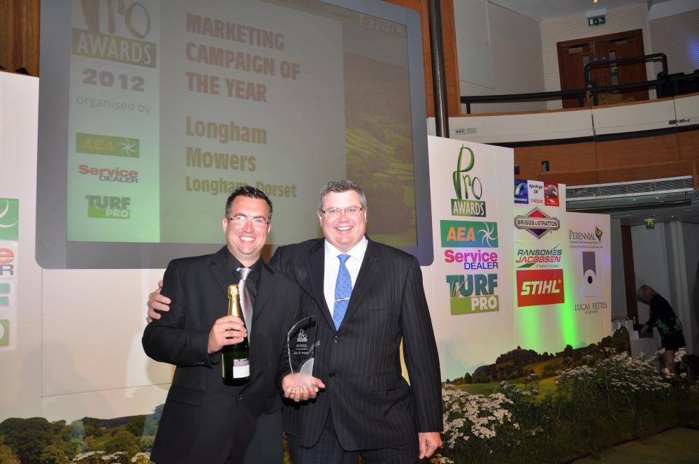 Chad Hayes of Longham Garden Machinery won theMarketing award presented by Sean Larter Conway of Stihl UK
