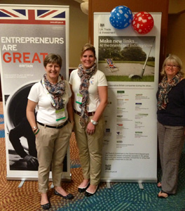 Tracey and Jill from BIGGA and the AEA's Debbie Dale welcome guests to the UKTI reception