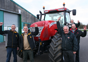 The sales team at RSM Beares celebrate the arrival of the new McCormick X7 Pro Drive tractor (from left): Dave Roberts, Ian Bath, Phil Street, Dave Pellow and Eaon Wager.