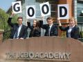 (L-R) Students Michael Woodward, 17, of Derby; Megan Barr, 15, of Lightwood, Stoke-on-Trent; Adam Ashworth, 14 of Bucknall, Stoke-on-Trent and Georgia Turner, 17, of Denstone, near Uttoxeter, celebrate The JCB Academy's Ofsted report findings