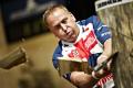Long-standing GB Champion of the STIHL TIMBERSPORTS® Series, Spike Milton attacks the Standing Block Chop at the 2012 World Championship