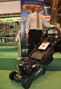 Handy Distribution md Simon Belcher with the new Webb 16-inch mower with rear roller
