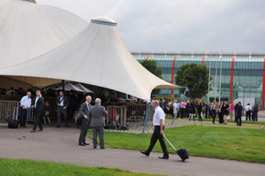 Exhibitors' marquee set up for a drinks reception outside the halls at the NEC