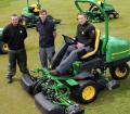 Deputy manager Matt Baird (seated right) with greenkeepers Daniel Lang (centre) and Ryan Stenhouse, and some of the new John Deere machines at SRUC Elmwood Golf Course