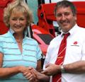James Squire hands over the keys for the Antarctica2 tractor to Nancie Clanachan