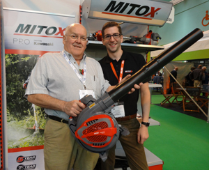 Dealer David Dixon with Mark Rochford modelling the new Mitox blower on the Rochford Garden Machinery stand