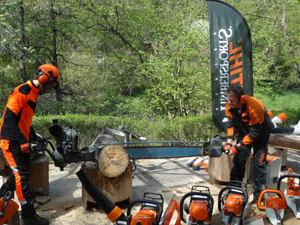 A vintage double ended Stihl chainsaw from 1938 was fired up and demonstrated