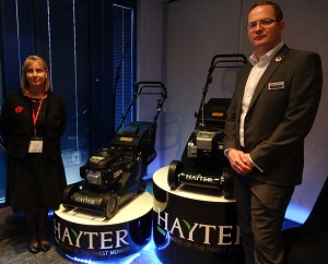 Hayter's Julie Dommett and Christopher Cooper with the new Harrier 41 Pro mowers