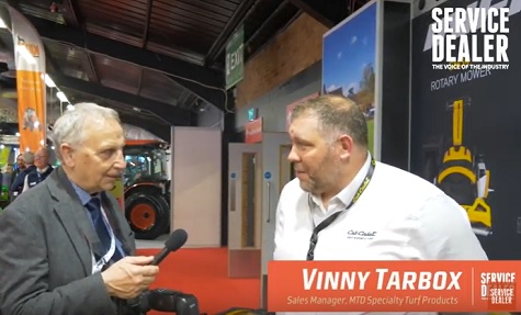 Service Dealer's Laurence Gale talking to Cub Cadet's Vinny Tarbox at BTME this week