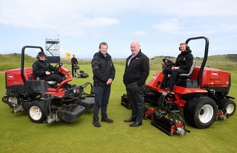 Graeme Beatt (left), Royal Portrush course manager with Resink’s Doug Reid and a snap of some of the Toro fleet helpingg prepare the course for the 148th Open