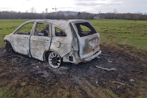 A burnt out car on one of the pitches at Kilbogget Park. Photo courtesy Councillor Anna Grainger