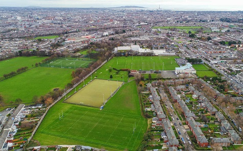 An aerial view of the Iveagh Grounds showing the various sports facilities. Photo courtesy Trinity College