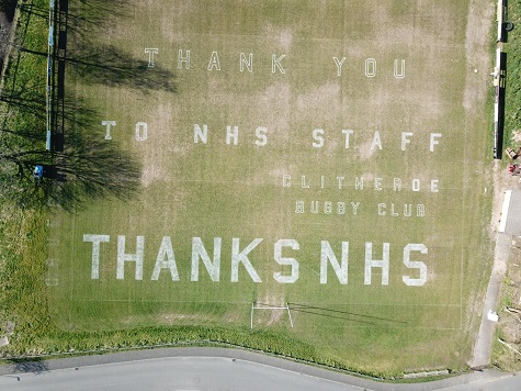 The NHS support message on Clitheroe Rugby Club's pitch