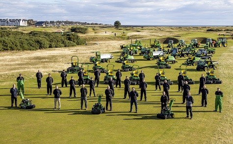 Carnoustie Golf Links, John Deere, dealer Double A and Rain Bird staff with some of the new machinery fleet on the 14th fairway of The Championship Course