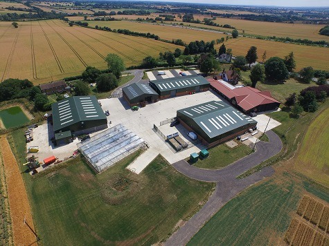 Birds eye view of the Origin Amenity Solutions - turf Science and Technology Centre, Throws Farm, Stebbing, Essex