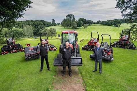Course manager Chris Halkerd, centre, with Reesink’s Mike Turnbull, right, and Cheshire Turf Machinery’s Chris Halley