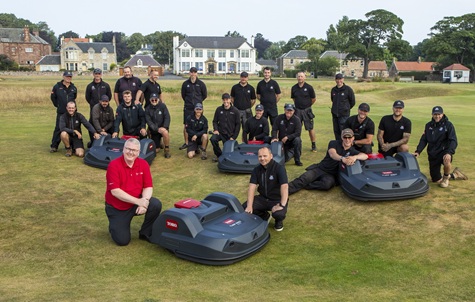 Paul Armour, course manager, Gullane Golf Club, forefront right with Mike Turnbull, Reesink Scotland, forefront left, with the greenkeeping team
