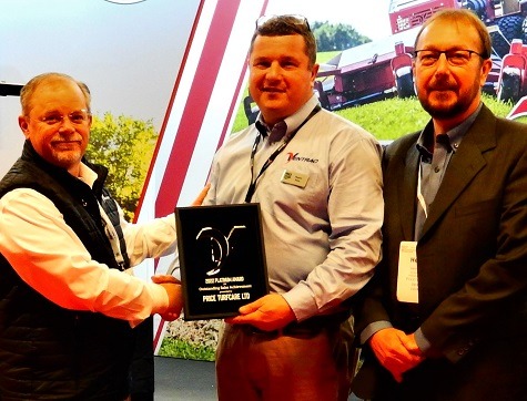 L-R: Tyler Dickie, Ventrac’s international sales manager, Rupert Price md of Price Turfcare and Henrik Lund, Ventrac’s European sales manager